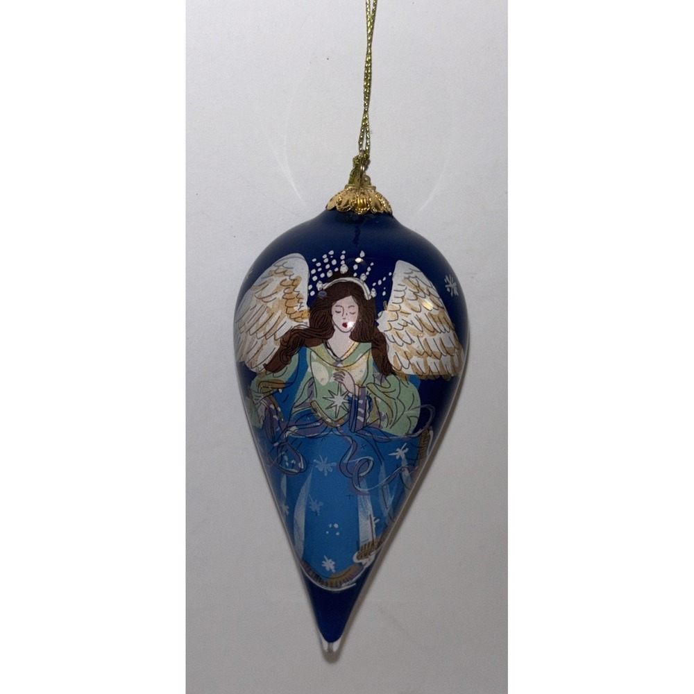 Pier 1 Li Bien Christmas Ornament 2019 Blue Tear Drop Painted Glass Angel